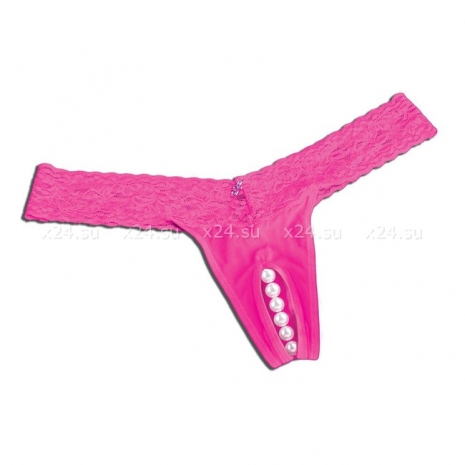Розовые ажурные стринги с разрезом и жемчужной нитью SM