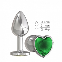 Небольшая анальная пробка с изумрудным кристаллом в виде сердца Джага