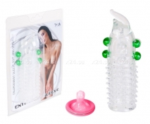 Стимулирующая силиконовая насадка с усиками и бусинками прозрачный с зеленым